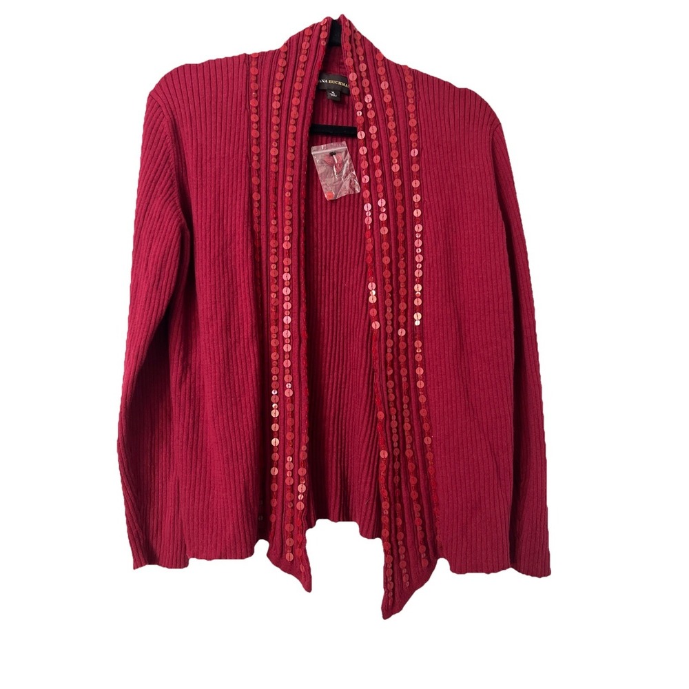 DANA BUCHMAN Red With Sequins Open Front LS Cardigan Sweater Sz XL